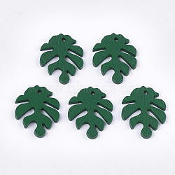 Painted Poplar Wood Pendants, Tropical Leaf Charms, Monstera Leaf, Green, 30x24x2.5~3mm, Hole: 1.5~2mm(X-WOOD-T021-11F)