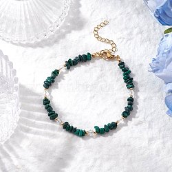 Natural Malachite Chip Beaded Bracelets for Women, with 304 Stainless Steel Chain Extenders and Glass Bead, 7-3/8 inch(18.6cm)(BJEW-JB11742-10)