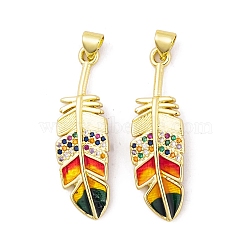 Brass Micro Pave Cubic Zirconia Pendants, with Enamel, Real 18K Gold Plated, Feather Charms, Colorful, 36x11x2mm, Hole: 5x3.3mm(KK-E108-34G)
