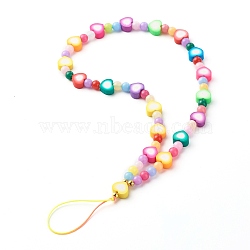 Imitation Jelly Acrylic Beads and Handmade Polymer Clay Beads Mobile Straps, with Nylon Thread, 304 Stainless Steel Beads and Brass Crimp Beads Covers, Heart & Round, Colorful, 26.5cm(HJEW-JM00553)