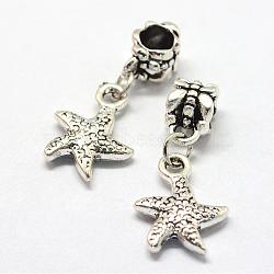 Alloy European Dangle Charms, Tibetan Style, Large Hole Pendants, Starfish/Sea Stars, Antique Silver, 28mm, Hole: 5mm(PALLOY-Q314-14)
