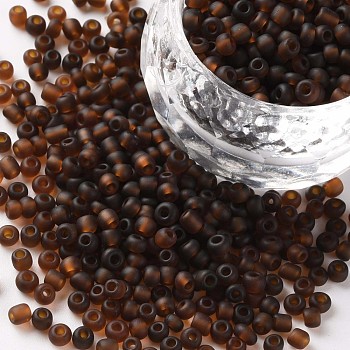 (Repacking Service Available) Glass Seed Beads, Frosted Colors, Round, Coconut Brown, 8/0, 3mm, about 12g/bag