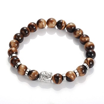 Buddha Head Gemstone Beaded Stretch Bracelets, with Tibetan Style Beads and Brass Beads, Tiger Eye, 55mm