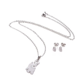 304 Stainless Steel Puppy Jewelry Sets, Cable Chains, Pendant Necklaces and Stud Earrings, with Ear Nuts/Earring Back, Terrier Dog, Stainless Steel Color, 17.7 inch(45.1cm), 1.5mm, 8x4.5mm, Pin: 0.8mm