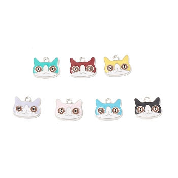 Alloy Enamel Charms, Cat Charm, Platinum, Mixed Color, 13x16x2.2mm, Hole: 2mm