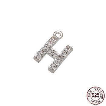 Real Platinum Plated Rhodium Plated 925 Sterling Silver Micro Pave Clear Cubic Zirconia Charms, Initial Letter, Letter H, 9x6x1.5mm, Hole: 0.9mm