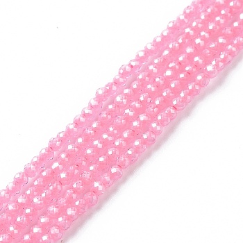 Cubic Zirconia Beads Strands, Faceted, Round, Flamingo, 1.5~2x2mm, Hole: 0.2mm, about 178~186pcs/strand, 15~15.5 inch(37.5~38.5cm)