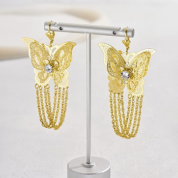 Iron Filigree Butterfly Dangle Leverback Earrings, Chains Tassel Earrings, Real 18K Gold Plated, 75x38mm