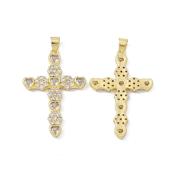 Rack Plating Brass Micro Pave Cubic Zirconia Pendants, Cadmium Free & Lead Free, Long-Lasting Plated, Religion Cross with Heart & Flower Charm, Real 18K Gold Plated, 41.5x28x3mm, Hole: 5x4mm