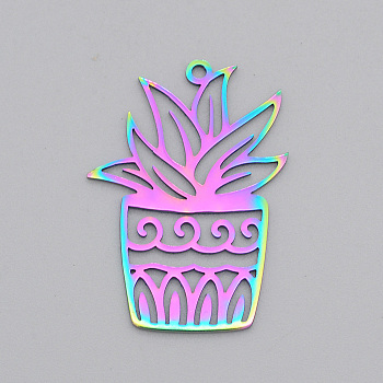 Ion Plating(IP) 201 Stainless Steel Pendants, Laser Cut, Flower Pot, Rainbow Color, 31.5x23x1mm, Hole: 1.5mm