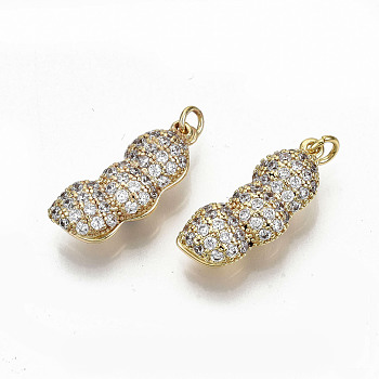 Brass Micro Pave Clear Cubic Zirconia Peg Bails Pendants, with Jump Ring, for Half Drilled Bead, Nickel Free, Peanut Shape, Real 18K Gold Plated, 20x19x6mm, Jump Ring: 4x0.8, 2.5mm Inner Diameter, Pin: 1mm
