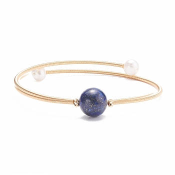 Natural Pearl & Lapis Lazuli(Dyed) Round Beaded Wrap Cuff Bangle, Brass Torque Bangle for Women, Golden, Inner Diameter: 2-1/8 inch(5.5cm)