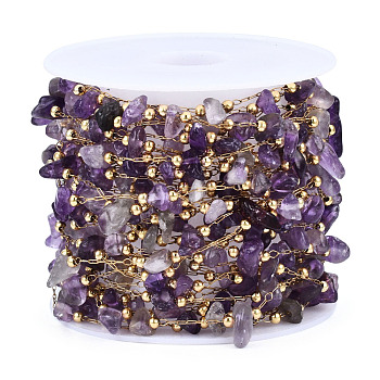 316 Stainless Steel Paperclip Chains, with Natural Amethyst Chips and Stainless Steel Beaded, Soldered, with Spool, Golden, 4~8x3.5~6x1~4mm, about 16.40 Feet(5m)/Roll