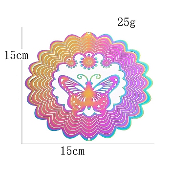 Stainless Steel 3D Wind Spinners, for Outside Yard and Garden Decoration, Flower with Butterfly, Rainbow Color, 150mm