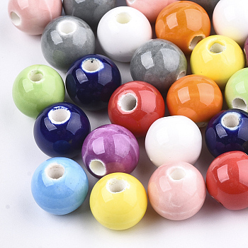 Handmade Porcelain Beads, Bright Glazed Porcelain, Round, Mixed Color, 10~10.5x9.5~10mm, Hole: 2.5~3mm