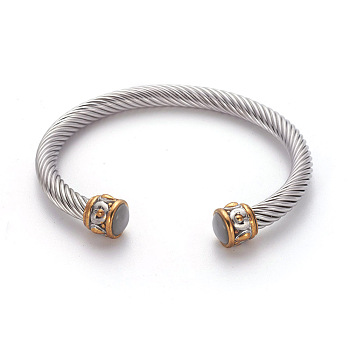 304 Stainless Steel Cuff Bangles, Torque Bangles, with Cat Eye, Golden & Stainless Steel Color, Gray, 2-1/4 inch~2-3/8 inch(5.7~6cm)