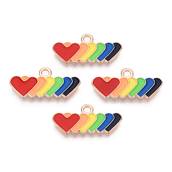 Rainbow Color Pride Alloy Enamel Pendants, Heart Charms, Light Gold, Colorful, 10.2x21.6x1.5mm, Hole: 2mm