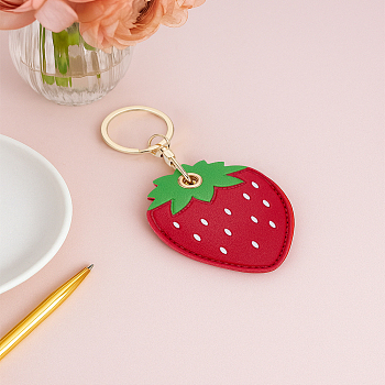 1Pc Fruit Style Cute PU Leather Protective Case Holder for Access Card Keychain, for Keychain, Purse, Backpack Ornament, Strawberry, 11.7cm