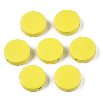 Painted Natural Poplar Wood Beads, Flat Round, Yellow, 20x5mm, Hole: 1.4mm
