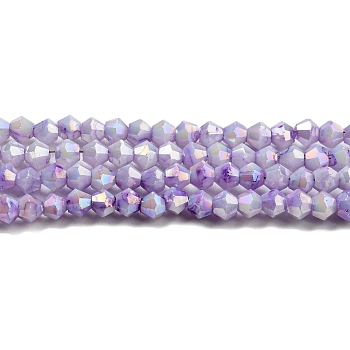 Opaque Baking Painted Glass Beads Strands, AB Color, Faceted, Bicone, Lilac, 3x2.5~2.8mm, Hole: 0.7mm, about 157~160pcs/strand, 16.38~16.54 inch(41.6~42cm)
