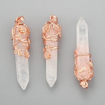 Natural Quartz Crystal Pointed Pendants, Rock Crystal Pendants, with Brass Findings, Bullet, Rose Gold, 57~60x16mm, Hole: 8x5mm