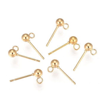 202 Stainless Steel Ball Stud Earring Findings, with 304 Stainless Steel Pins and Loop, Round, Real 18K Gold Plated, 16mm, Hole: 1.6mm, Pin: 0.8mm