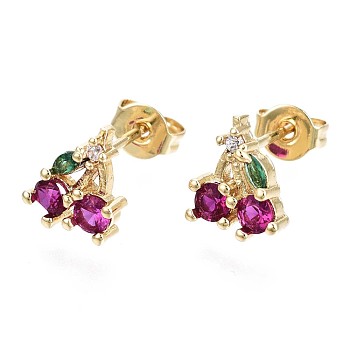Brass Micro Pave Cubic Zirconia Stud Earrings, with Ear Nuts, Cherry, Cadmium Free & Nickel Free & Lead Free, Real 16K Gold Plated, Violet, 8.5x7.5mm, Pin: 0.7mm