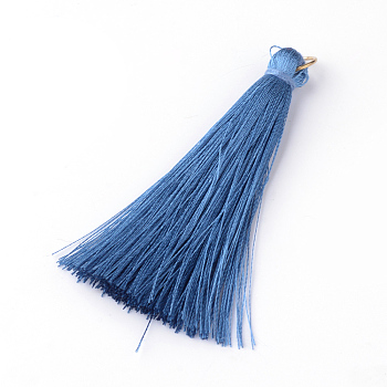 Nylon Thread Tassel Big Pendants Decoration, with Brass Findings, Golden, Cornflower Blue, 63~66x7mm, Hole: 7mm