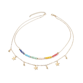 Brass Star Charms Double Layer Necklace with Colorful Glass Beaded for Women, Golden, 15.75 inch(40cm)