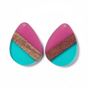 Transparent Resin & Walnut Wood Pendants, Water Drop Charms, Turquoise, 35.5x26x3.5mm, Hole: 2mm