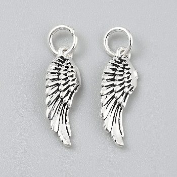 925 Sterling Silver Pendants, Wing Charms with Jump Rings and 925 Stamp, Antique Silver, 19x7x2mm, Hole: 4mm