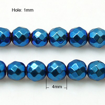 Non-Magnetic Synthetic Hematite Beads Strands, Grade A, Color Plated, Faceted, Round, Blue Plated, 4mm, Hole: 1mm