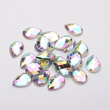 Imitation Taiwan Acrylic Rhinestone Cabochons, Flat Back, Faceted Teardrop, AB Color, Clear AB, 14x10x3mm, about 1000pcs/bag