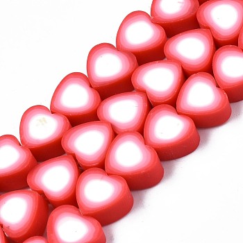 Handmade Polymer Clay Bead Strands, Heart, Crimson, 8x8~9x4~5mm, Hole: 1.5mm, about 40pcs/strand, 12.01 inch~ 12.60 inch(30.5cm~32cm)