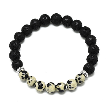 Natural Dalmatian Jasper Beads Stretch Bracelets, with Synthetic Lava Rock Beads and Alloy Beads, Round, Inner Diameter: 2-1/8 inch(5.5cm), Beads: 8.5mm