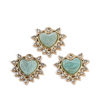 Natural Amazonite Heart Pendants, with Ion Plating(IP) 304 Stainless Steel Crystal Rhinestone Findings, Real 18K Gold Plated, 14.5x15.5x3mm, Hole: 1mm