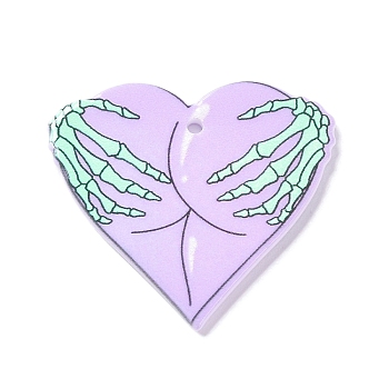 Printed Acrylic Pendants, Heart with Skeleton Hand Charm, Violet, 32x35.5x2mm, Hole: 1.8mm