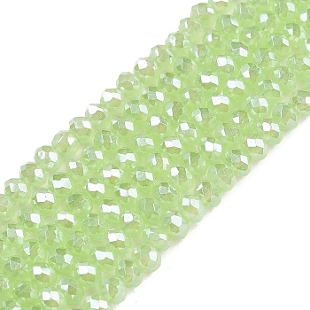 Electroplate Glass Beads Strands, Imitation Jade Beads, Pearl Luster Plated, Faceted, Rondelle, Light Green, 2.9~3.3x2mm, Hole: 0.8mm, about 135~140pcs/strand, 32~34cm