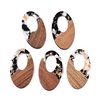 Transparent Resin and Walnut Wood Pendants, Hollow Oval Charms with Gold Foil, Black, 49.5x28x4mm, Hole: 2mm, 