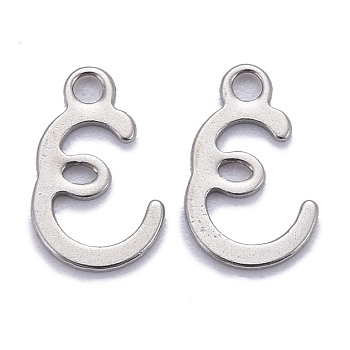 304 Stainless Steel Pendants, Alphabet, Stainless Steel Color, Letter.E, 11x7x1mm, Hole: 1.5mm