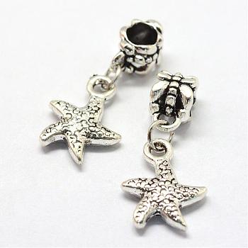 Alloy European Dangle Charms, Tibetan Style, Large Hole Pendants, Starfish/Sea Stars, Antique Silver, 28mm, Hole: 5mm