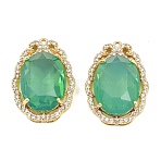Brass Micro Pave Clear Cubic Zirconia Pendants, with Glass, Oval Charms, Long-Lasting Plated, Rack Plating, Golden, Medium Sea Green, 26x18x8.5mm, Hole: 1.4mm(KK-H257-07G-01)