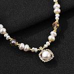 Pearl Pendant Necklaces, with Brass Micro Pave Cubic Zirconia Pendants and Glass Beads, Square, Real 14K Gold Plated, 16.34 inch(41.5cm)(NJEW-P325-02G)