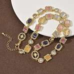 Brass Micro Pave Clear Cubic Zirconia with Multicolor Cat Eye Rectangle Square Oval Tennis Necklaces, Rack Plating, Long-Lasting Plated, Cadmium Free & Lead Free, Real 18K Gold Plated, 16.73 inch(42.5cm)(NJEW-G183-05G)