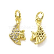 Brass Micro Pave Clear Cubic Zirconia Charms, with Jump Ring, Fish, Real 18K Gold Plated, 13.5x7x2.5mm, Hole: 3.2mm(KK-E068-VF061)