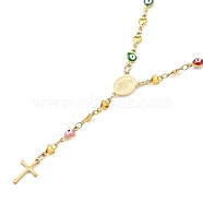 Unisex 304 Stainless Steel Rosary Bead Necklaces, with Heart Enamel, Cross, Oval with Virgin Mary, Golden, 17.32 inch(44cm), Heart: 8.5x4x1.5mm and 10x5x3mm(NJEW-L457-001B-G)