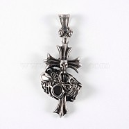 316 Surgical Stainless Steel Big Gothic Pendants, Cross with Skull, Antique Silver, 52x24x8mm, Hole: 9x5mm(STAS-E070-55)