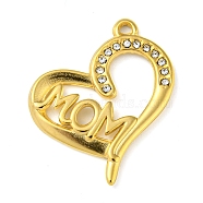 Ion Plating(IP) Real 18K Gold Plated 304 Stainless Steel Rhinestone Pendants, Heart with Word Mom Charms, for Mother's Day, Crystal, 26x22x2mm, Hole: 1.5mm(STAS-P341-11G-01)