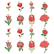 40Pcs 8 Styles Zinc Alloy Enamel Pendants, Light Gold, Rose Flower, for Valentine's Day, Red, 19~34x10~22x1~2mm, Hole: 1.8mm, 5pcs/style(ENAM-CJ0003-22)