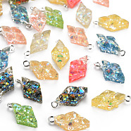 Epoxy Resin Pendants, with Sequins/Paillette and Platinum Plated Iron Loop, Rhombus, Mixed Color, 21~22x10x6.5mm, Hole: 2mm, Side Length: 9mm(RESI-S400-008)